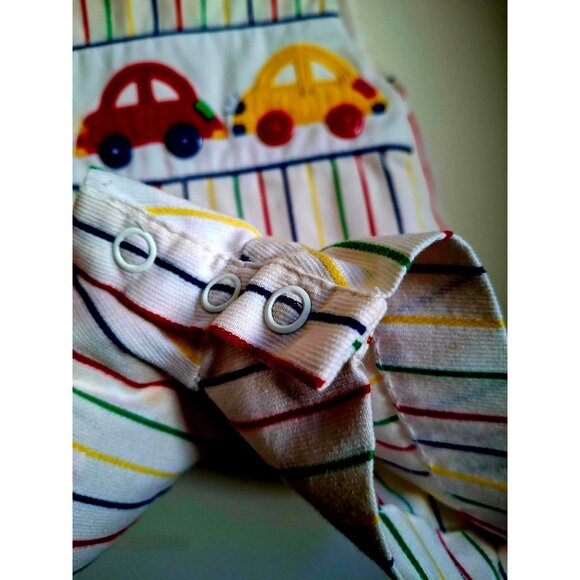 Vintage 80s 90s Toddler Striped Overalls with Car Appliqué & Button Closures - Picture 3 of 11